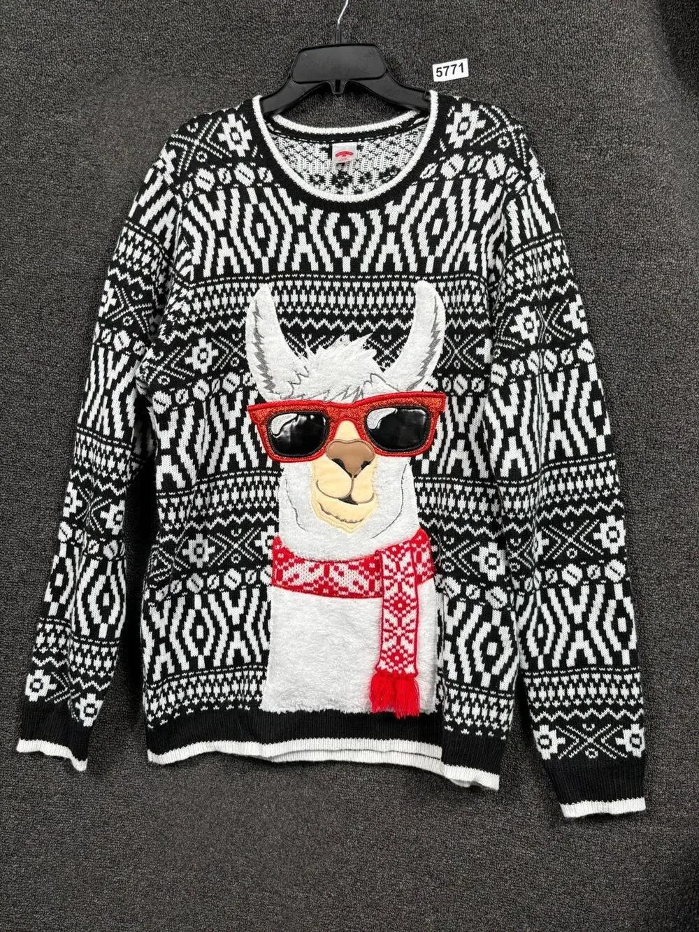Holiday Time Sweater Mens Large Black White Llama Sunglasses Ugly Christmas